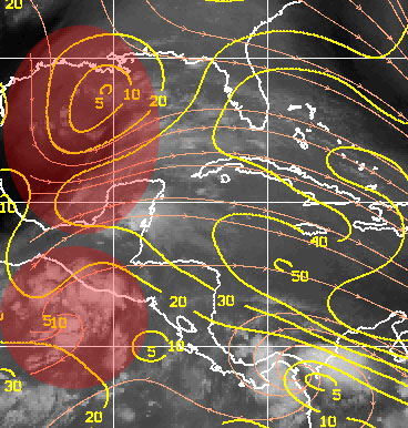 Las bajas tropicales, a través del sensor MODIS (canales 3-6-7) del satélite TERRA de la NASA, 6 marzo 2015.