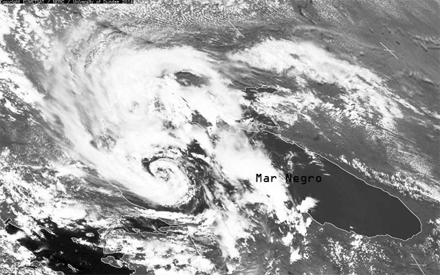 Imagen visible y alta resolución del ciclón en plena fase de ciclogénesis. Crédito: EUMETSAT/NERC/University of Dundee.