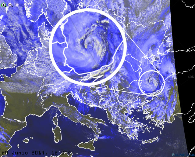 Imagen visible centrada sobre el ciclón. Satélite Meteosat 8, 20 junio 2014, 12 UTC. Crédito: eumetrain.