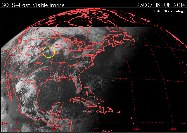 Imagen visible, satélite GOES-E, 16 junio 2014, 23 UTC.