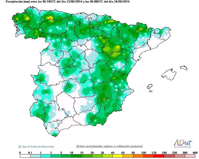 Precipitaciones (mm) recogidas en la Península y Baleares. Crédito: AEMET.