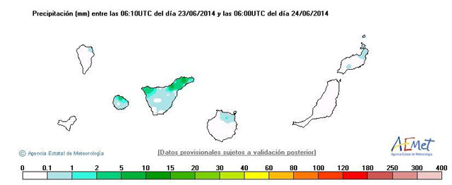 Precipitaciones (mm) recogidas en Canarias. Crédito: AEMET.