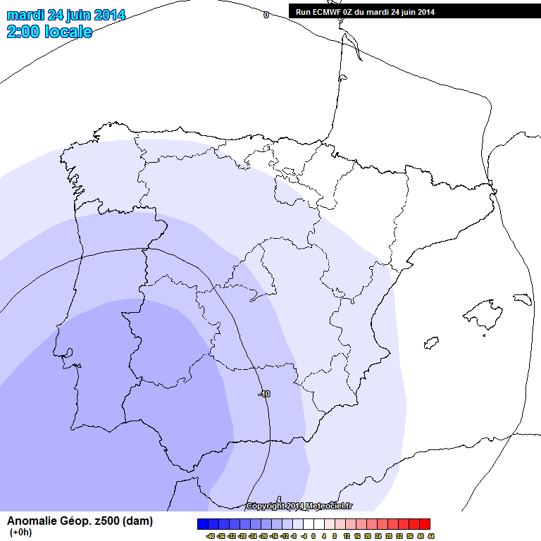Anomalía de altura geopotencial de 500 hPa, 24 junio 2014 00 UTC. Modelo IFS.