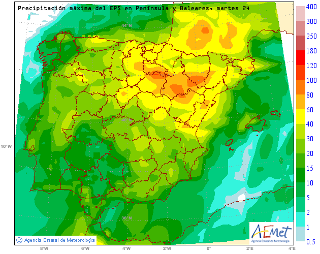 Precipitación máxima del EPS en la Península y Baleares, mañana 24.