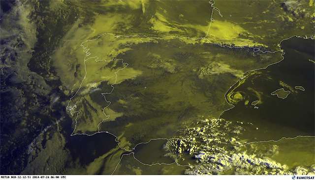 Imagen visible y falso color RGB de la Península Ibérica. 24 julio 2014, 06 UTC. Satélite Meteosat 10.