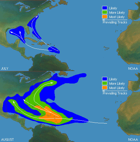 Climatología de huracanes para Julio y Agosto. Crédito: Centro Nacional de Huracanes de Florida.