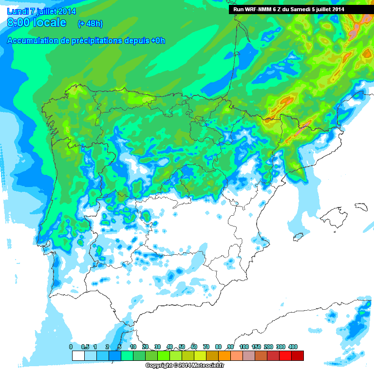 Acumulado de precipitación en 48h a partir de las 06 UTC de hoy. Modelo WRF.