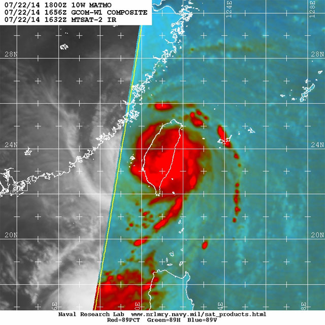Imagen de microondas del tifón Matmo, 22 julio 2014, 16:32 UTC. Satélite MTSAT 2.