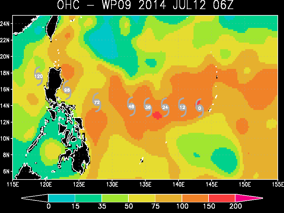 Ocean Heat Content, Contenido de Calor Oceánico, 12 julio 2014, 06 UTC. Crédito: RAMMB/CIRA.