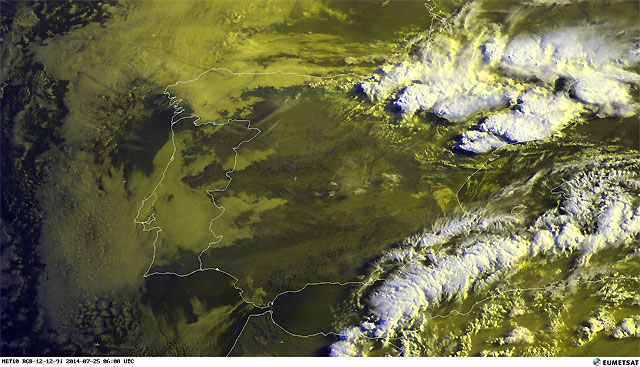 Imagen visible y falso color RGB de la Península Ibérica. 25 julio 2014, 06 UTC. Satélite Meteosat 10.
