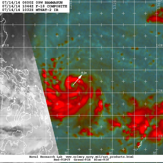 Imagen de microondas del tifón Rammasun, 14 julio 2014, 10:32 UTC. Satélite MTSAT-2.