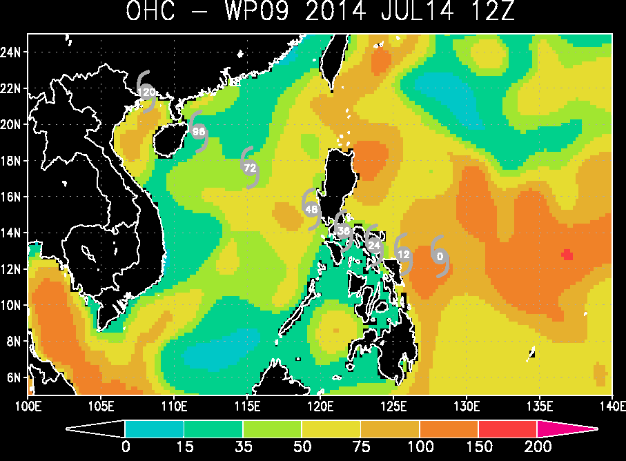 Ocean Heat Content, Contenido de Calor Oceánico, 14 julio 2014, 12 UTC. Crédito: RAMMB/CIRA.