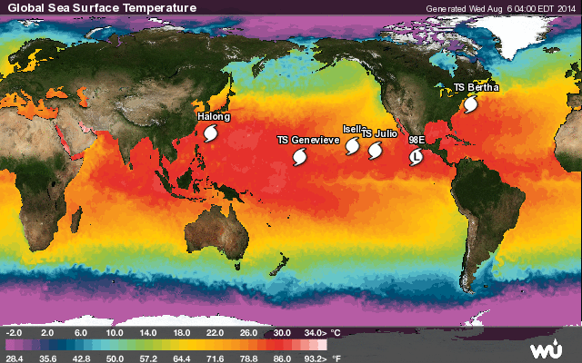 Actividad ciclónico tropical en el Pacífico y Atlántico, 6 agosto 2014. Crédito: wunderground.