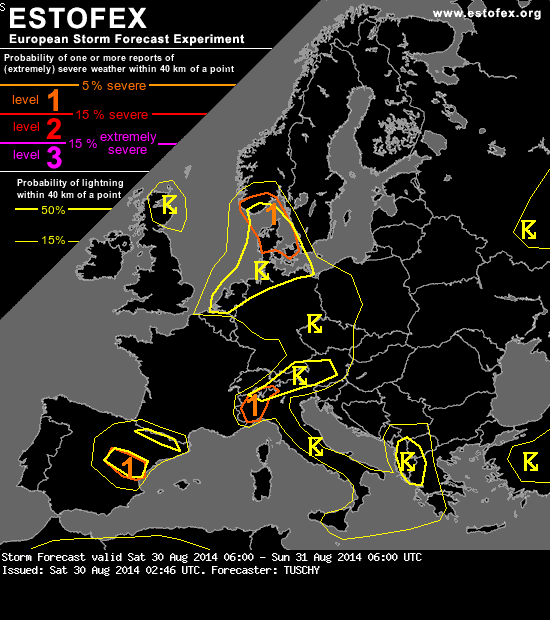 Probabilidad de Tiempo Severo (asociado a tormentas) de ESTOFEX para hoy.