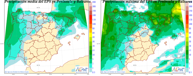 Precipitación media estimada y máxima EPS, hoy mañana y pasado. Crédito: AEMET.