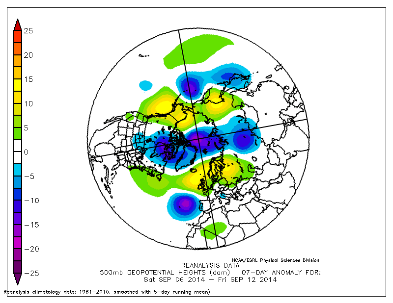 Anomalías de altura geopotencial de 500 hPa en los últimos 7 días.
