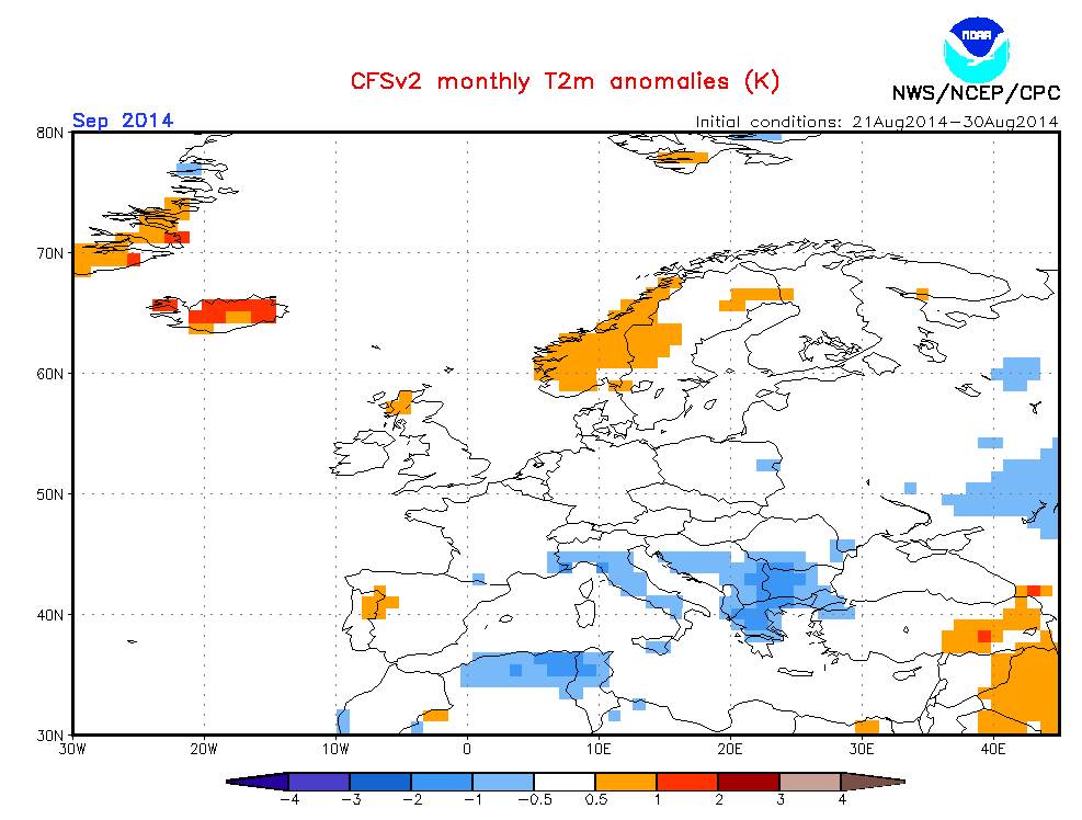 Anomalías mensuales de temperatura previstas por el modelo CFS.