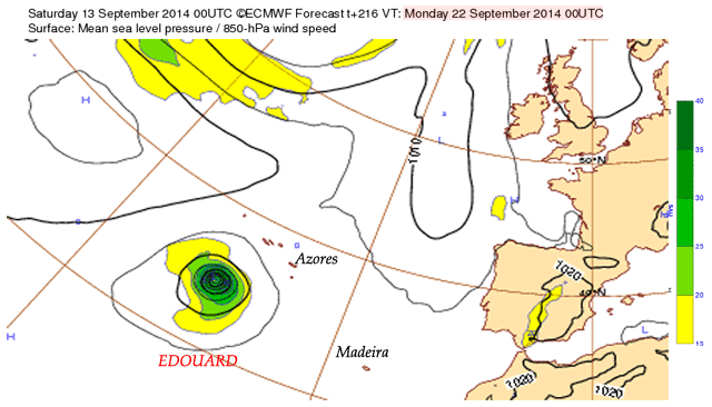 Presión atmosférica en superficie + Vientos a 850 hPa. Previsión del IFS para el 22 septiembre 2014, 00 UTC.