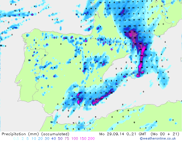 Modelo Euro4, precipitación acumulada 00 - 21 horas.