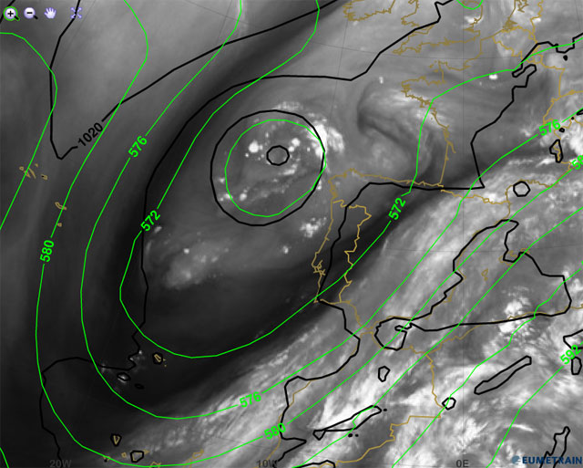 20 septiembre 2014, 06 UTC: imagen de vapor de agua + presión superficie + geopotencial 500 hPa.