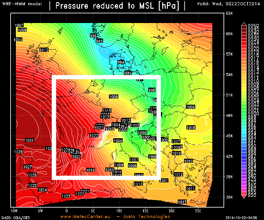 Presión en superficie, modelo mesoescalar WRF-NMM, 22 octubre 2014, 00 UTC.
