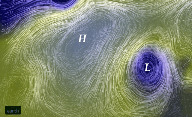 Vientos a 850 hpa (líneas de flujo) y presión en superficie (color), modelo GFS, previsión 20 octubre 2014 15 UTC.
