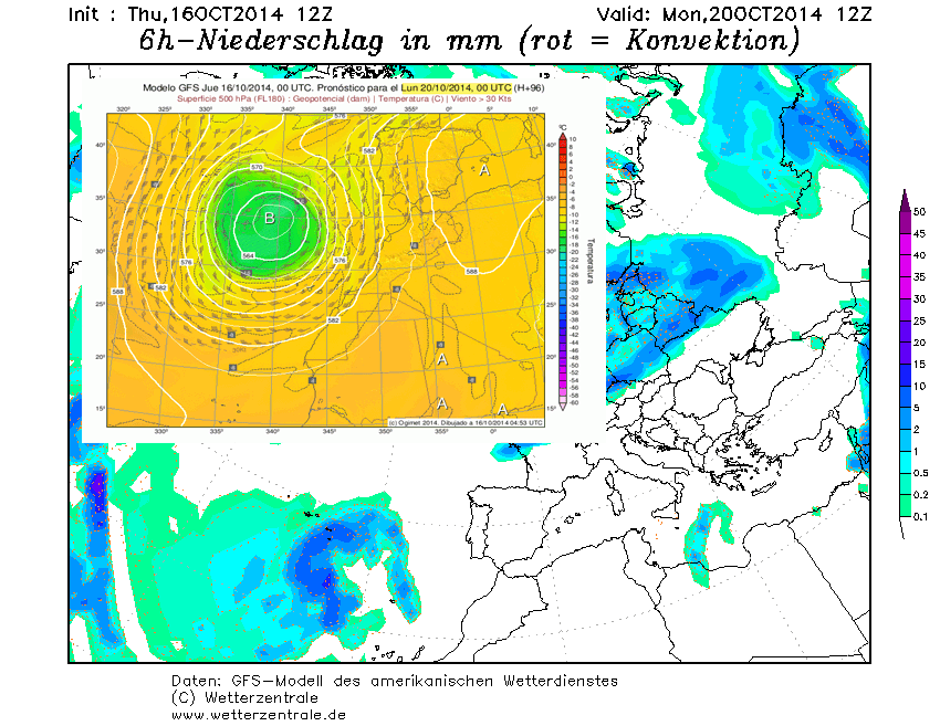 Borrasca Fría Aislada plenamente formada, 20 octubre 2014, 12 UTC.