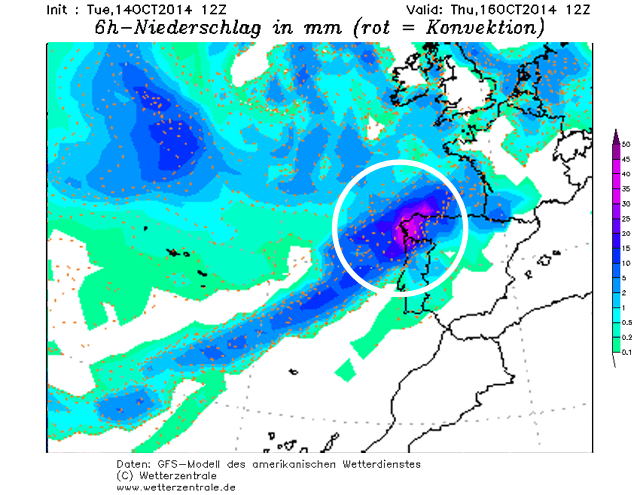 Precipitación acumulada en las 6 horas anteriores a las 12 UTC del 16 octubre 2014. Modelo GFS.