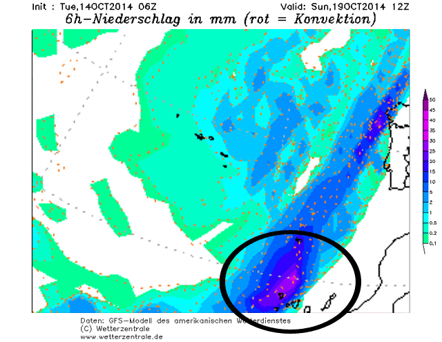 Precipitación acumulada en las 6 horas anteriores a las 12 UTC del 19 octubre 2014. Modelo GFS.