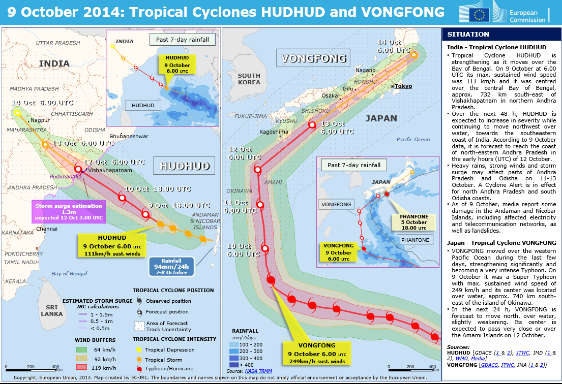 Comisión Europea: ciclones tropicales Vongfong y Hudhud.
