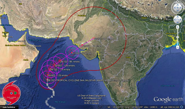 Pronóstico oficial de trayectoria e intensidad de Nilofar, por el JTWC y basado en Google Earth.