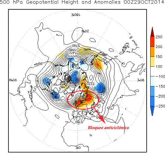 Anomalías de altura geopotencial de 500 hPa en el Hemisferio Norte, 29 octubre 2014, 00 UTC.
