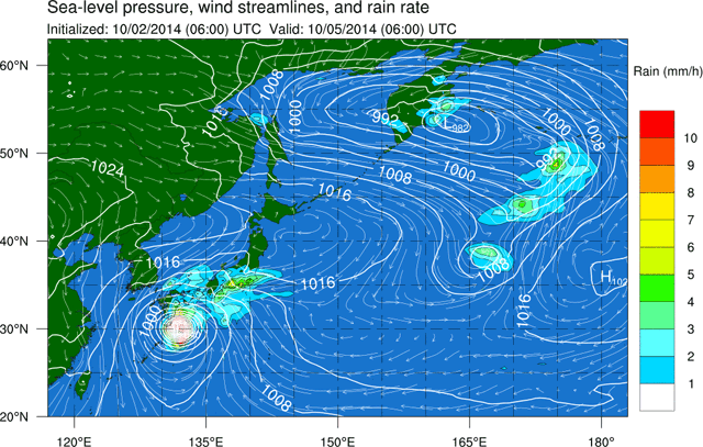 Presión en superficie + flujo de vientos, intensidad de lluvia previstos para el 5 octubre 06 UTC. Modelo GFS. Crédito: GSW