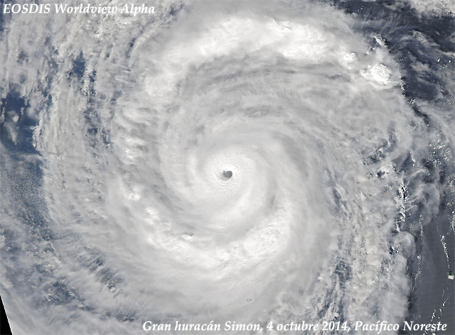Imagen visible de alta resolución, gran huracán Simon. Satélite AQUA (sensor MODIS), 4 octubre 2014.