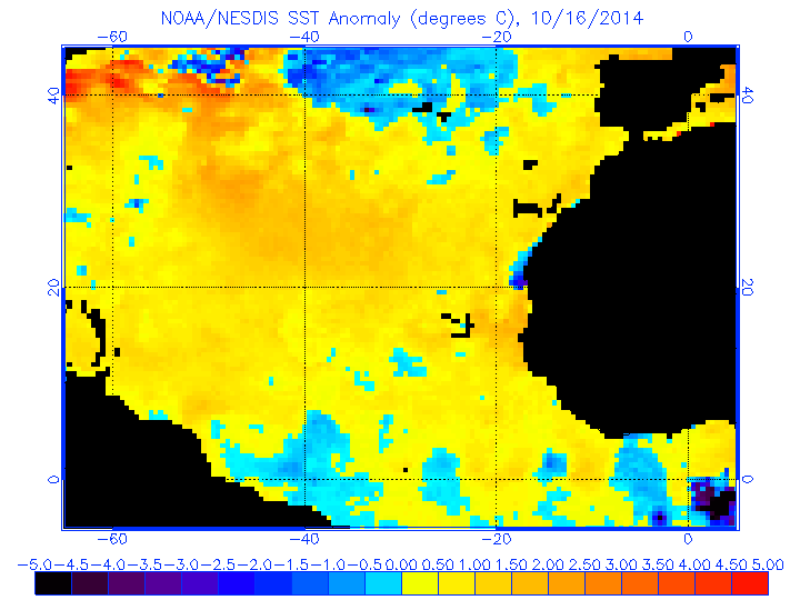 Anomalías de SST en el Atlántico Norte Oriental, 16.10.14.