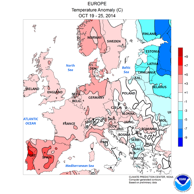 Anomalía de temperaturas en Europa, 19 a 25 de octubre. Crédito: CPC.