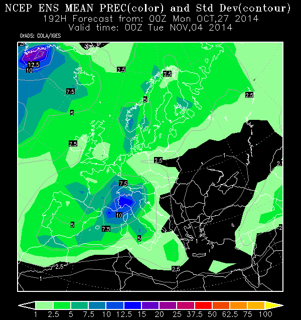 Anomalía de precipitaciones, 4 noviembre 2014, 00 UTC.
