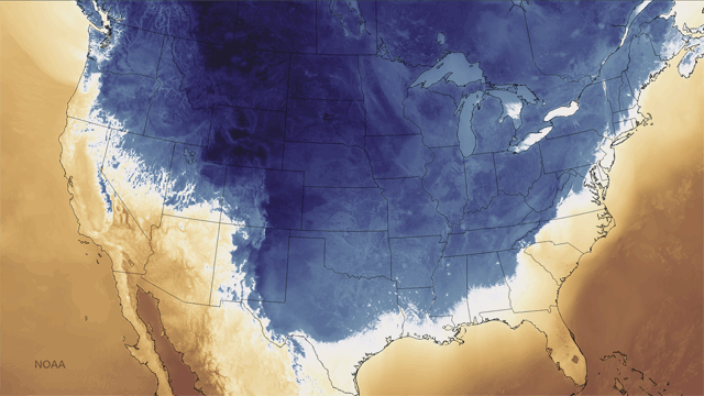 Temperaturas mínimas en la medianoche del pasado 14 noviembre 2014. Modelo HRRR, crédito NOAA.