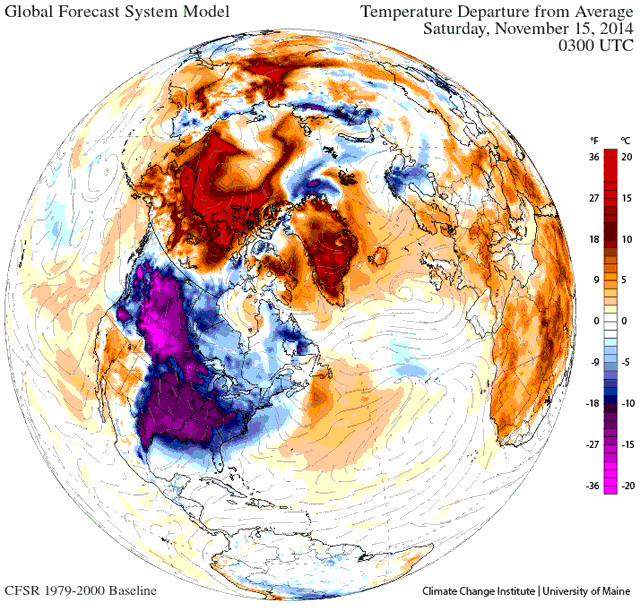 Anomalías de temperatura del aire en superficie, modelo GFS. 15 noviembre 2014, 03 UTC.