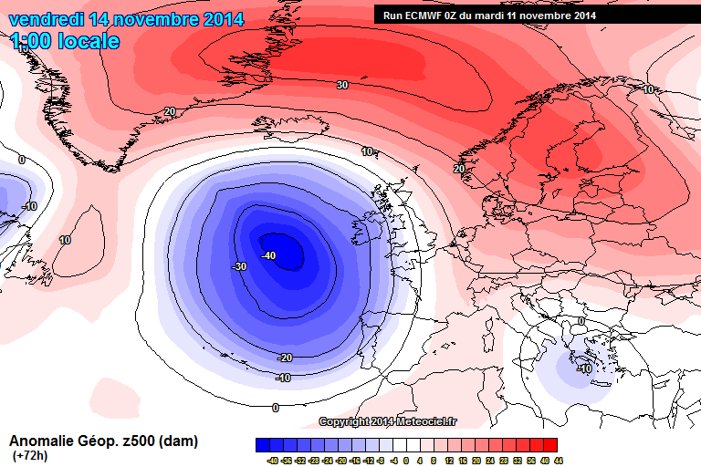 Anomalía de geopotencial de 500 hPa prevista para el 14 noviembre 2014, 00 UTC. Modelo europeo IFS.