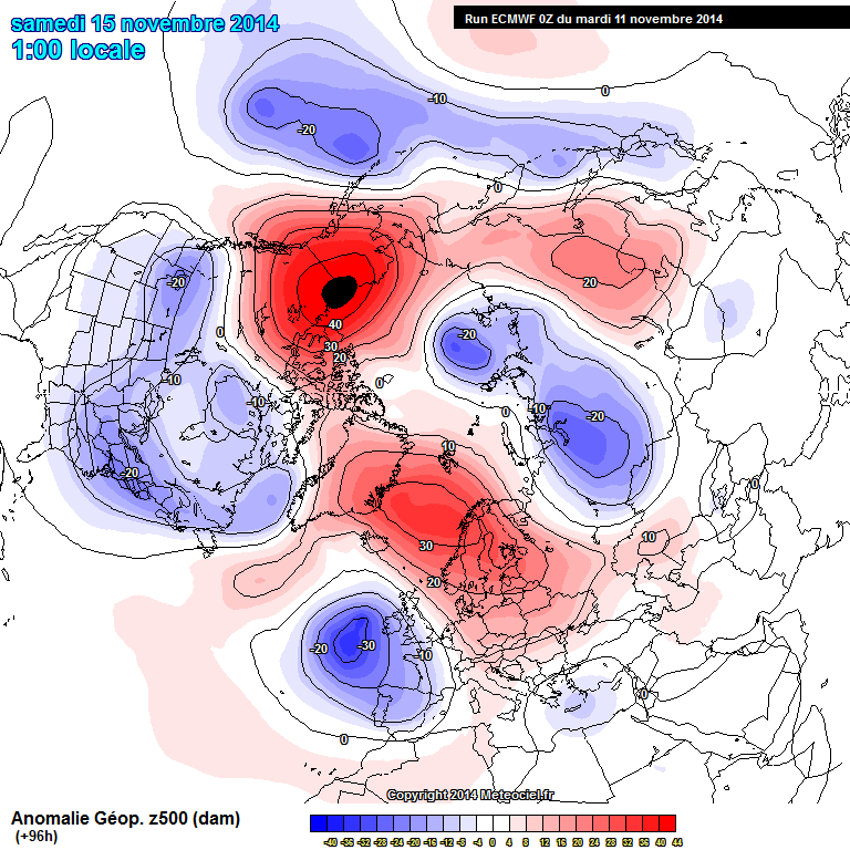Anomalía de geopotencial de 500 hPa prevista para el 15 noviembre 2014, 00 UTC. Modelo europeo IFS.