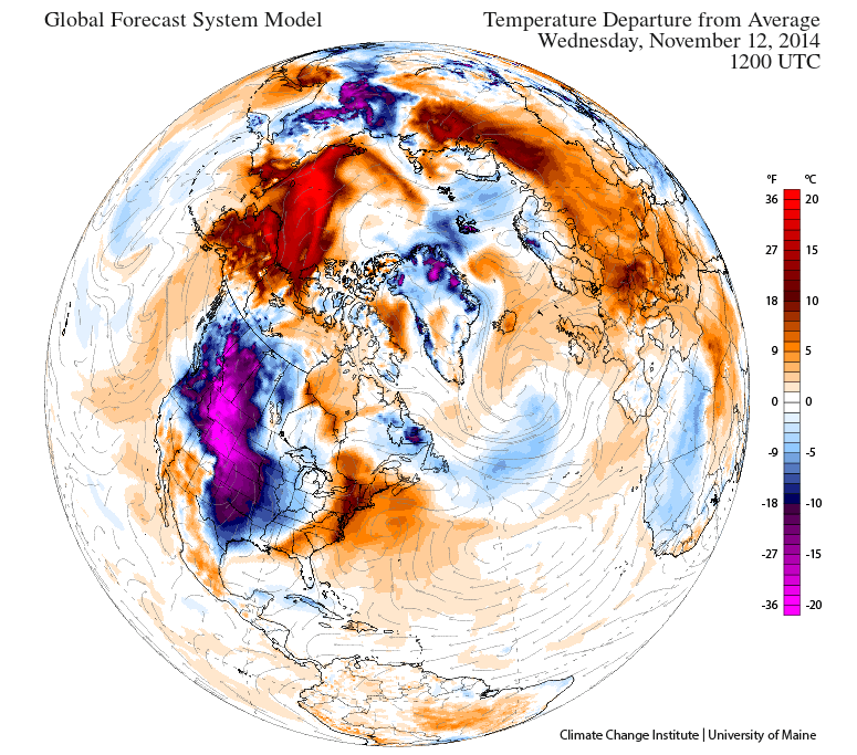Desviación global de la temperatura del aire, modelo GFS. Previsión 12 noviembre 2014, 12 UTC.