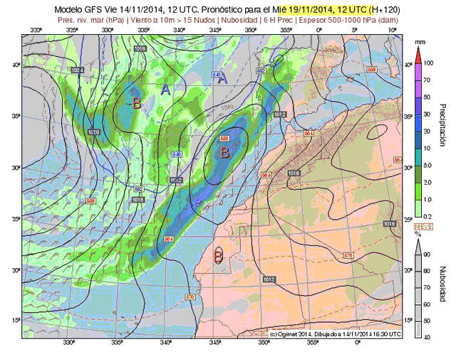 Presión en superficie (negro), viento > 15 nudos (barbas) y precipitación 6H, previsión modelo GFS, 19 noviembre 2014, 12 UTC.