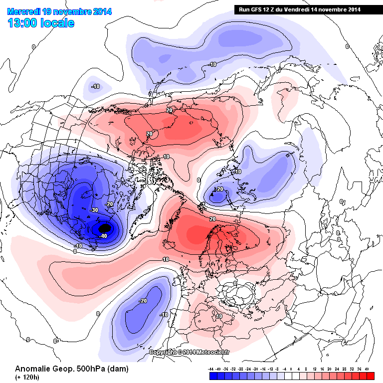 Anomalías de altura geopotencial de 500 hPa en el Hemisferio Norte, 19 noviembre 2014, 12 UTC.
