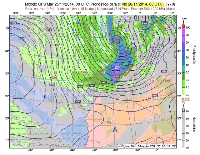 Presión en superficie (negro), viento > 15 nudos (barbas) y precipitación 6H, previsión modelo GFS, previsión 28 noviembre 2014, 06 UTC.