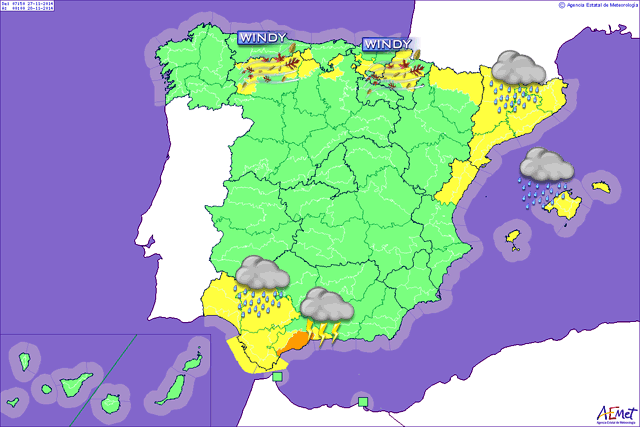 Mapa de avisos por Fenómenos Meteorológicos Adversos, hoy.