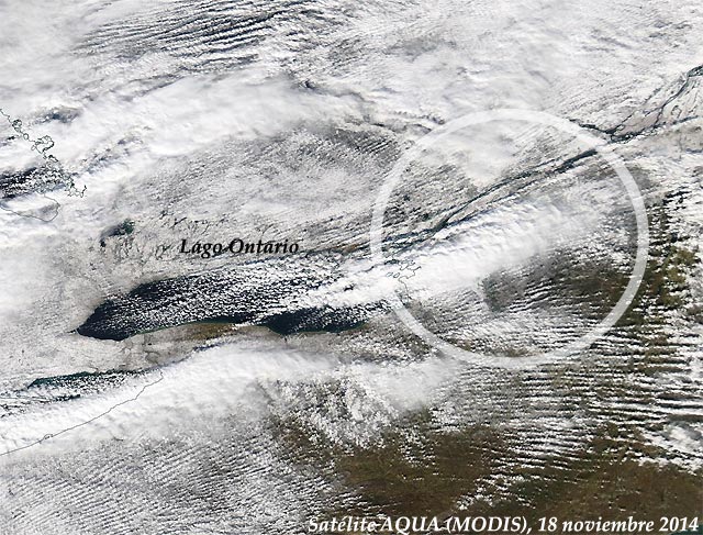 Imagen visible y alta resolución efecto lago, lago Ontario. Satélite SUOMI NPP, 18 noviembre 2014.