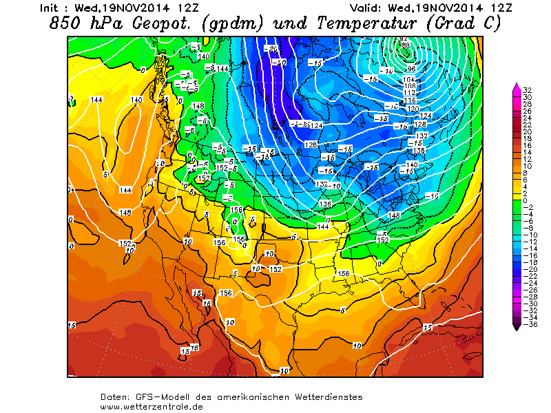 850 hPa: temperatura (colores) y geopotencial (trazo blanco). Modelo GFS, análisis 19 noviembre 2014, 12 UTC.