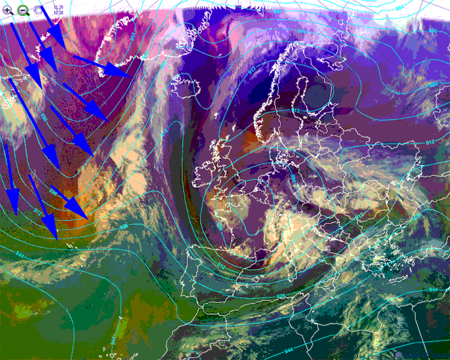 Análisis atmosférico del entorno sinóptico, 17 noviembre 2014, 12 UTC. Crédito: eumetrain.