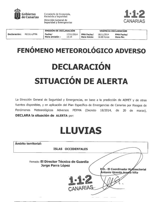 Emisión de declaración de alerta, 112 Canarias.